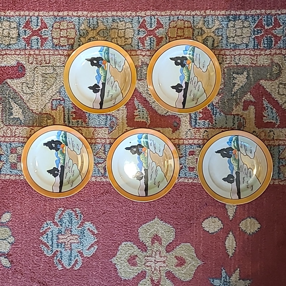 JAPANESE HANDPAINTED LUSTERWARE LANDSCAPE DECORATIVE PLATES SET OF 5